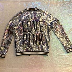 Victoria Secret PINK Sequin Bling Varsity Jacket Silver w/ floral pink medium